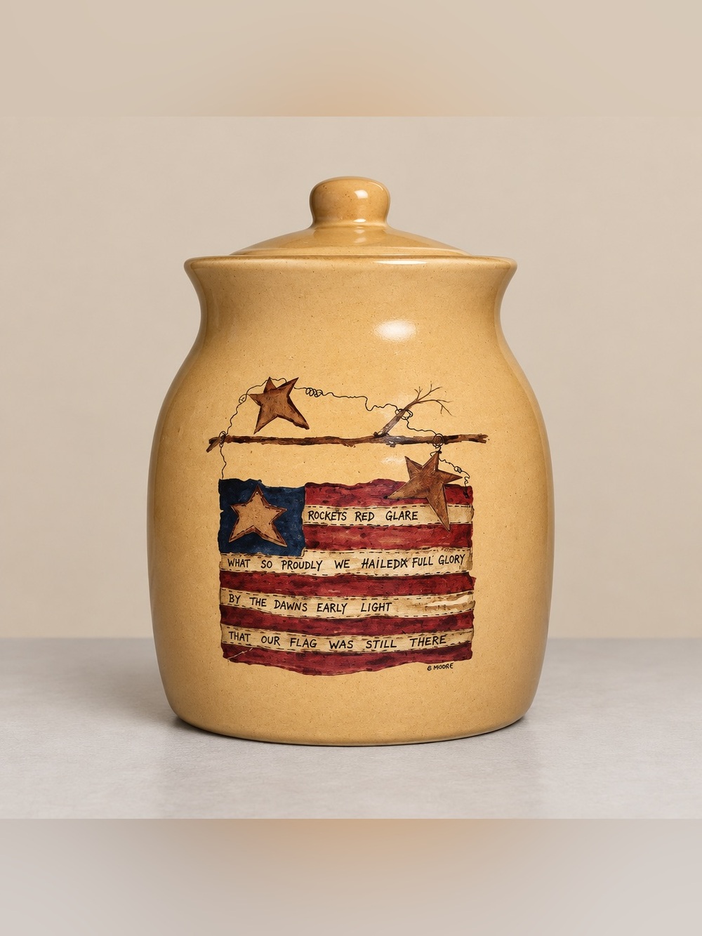 Star Spangled Banner primitive Americana-style stoneware crock cookie jar